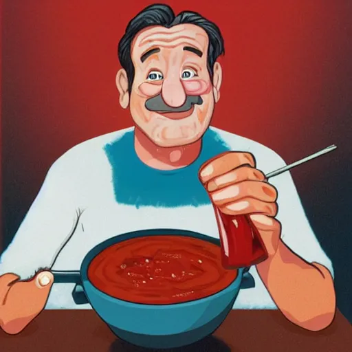 Image similar to robin williams sinking into a pit of bbq sauce, reaching towards the camera, childrens book illustration