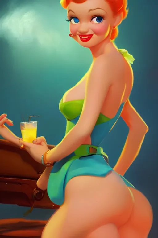 Image similar to a cute pixar character inspired by gil elvgren, vivid colors, high details, cinematic, 8k resolution, beautiful detailed, photorealistic, digital painting, artstation, concept art, smooth, sharp focus, illustration, fantasy background, artstation trending, octane render, unreal engine