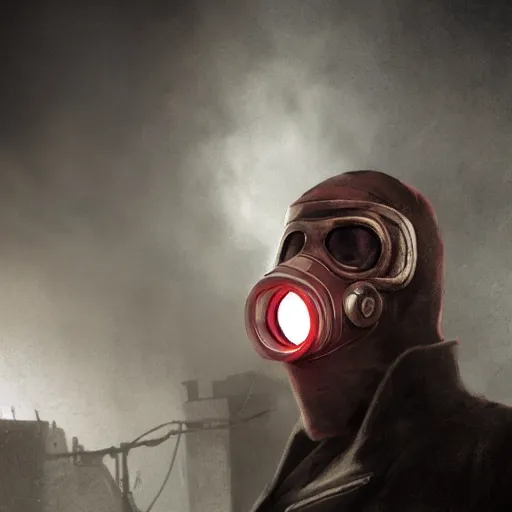 Prompt: hooden villain wearing a gas mask with red goggles, smoke coming out of his cloak, dark background, unreal engine 5, ultra realistic, detailed, fog, by greg rutkowski