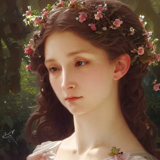Image similar to portrait of spring goddess, intricate, elegant, highly detailed, digital painting, artstation, concept art, smooth, sharp focus, illustration, art by artgerm and greg rutkowski and stephanie law and alphonse mucha and william - adolphe bouguereau