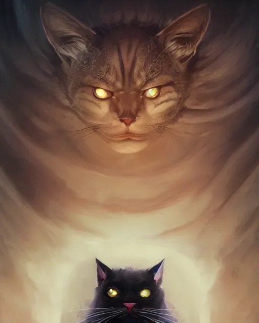 Image similar to Cat Mage summoning shadows and fog portrait, dark fur, glowing eyes, magic the gathering artwork, D&D, fantasy, cinematic lighting, centered, symmetrical, highly detailed, digital painting, artstation, concept art, smooth, sharp focus, illustration, volumetric lighting, epic Composition, 8k, art by Akihiko Yoshida and Greg Rutkowski and Craig Mullins, oil painting, cgsociety