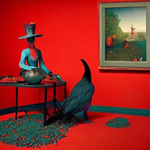 Image similar to surreal colour photography of a red raven dark turquoise and shadows by sandy skoglund and heironymus bosch, victorian painting