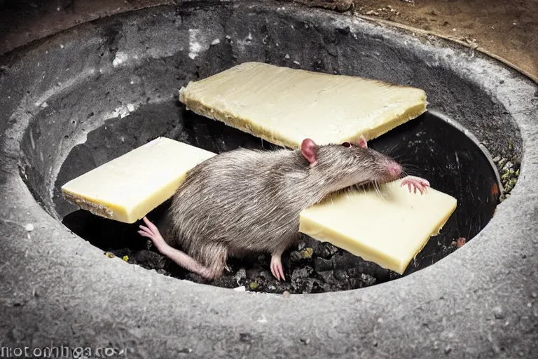 Image similar to a giant rat eating cheese in a sewer, photograph, terror, horror, mutant,