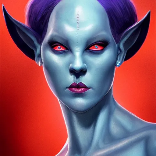 Image similar to shirley ann manson as a blue skinned tiefling, d & d, fantasy, portrait, highly detailed, headshot, digital painting, trending on artstation, concept art, sharp focus, illustration, art by artgerm and greg rutkowski and magali villeneuve