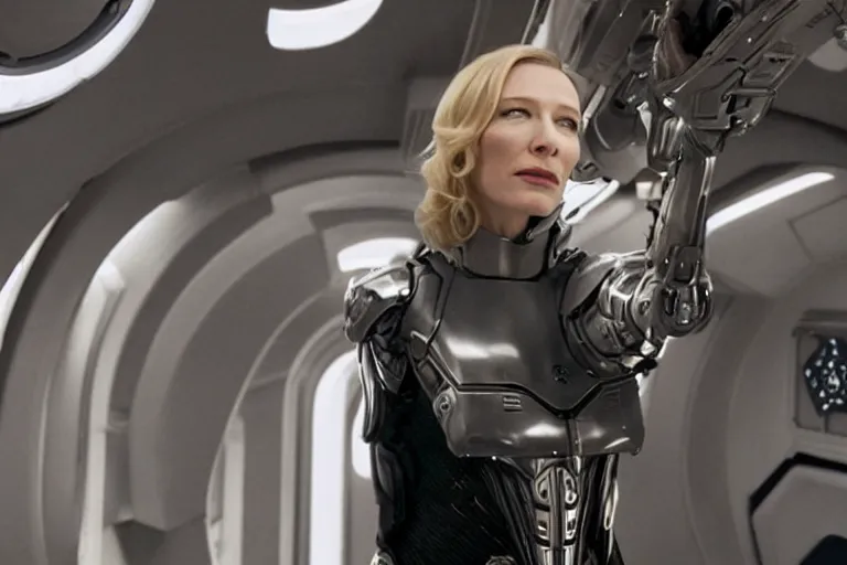 Image similar to cate blanchett on the bridge of a starship,cyborg arm, retro, movie still