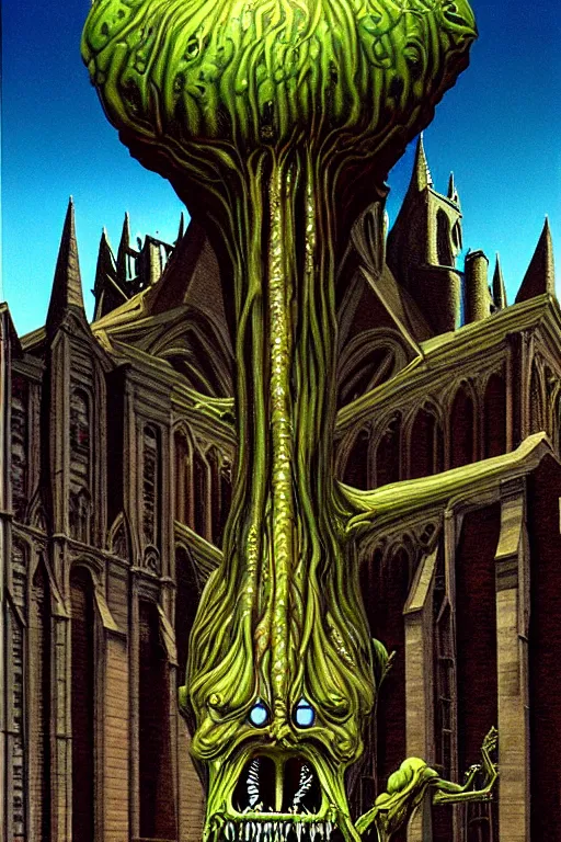 Prompt: a hyperrealistic painting of a flying biopunk alien monstrosity eating a cathedral, by chris cunningham and richard corben, highly detailed, vivid color,