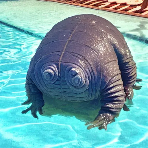 Prompt: a large tardigrade swimming in a baby pool