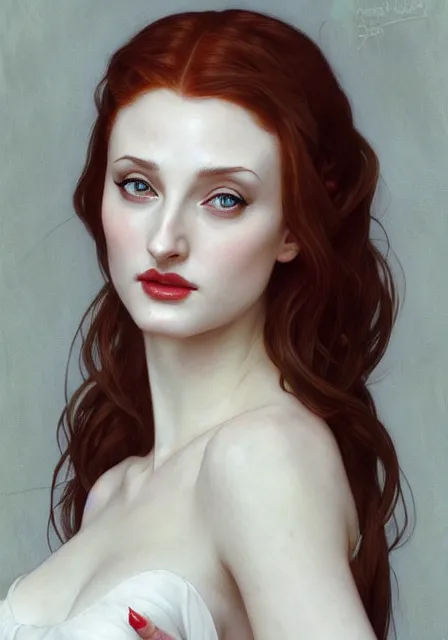 Image similar to sansa angeline jolie gessica chastain vampire teeth white skin, intricate, elegant, highly detailed, digital painting, artstation, concept art, smooth, sharp focus, illustration, art by artgerm and greg rutkowski and alphonse mucha and william - adolphe bouguereau