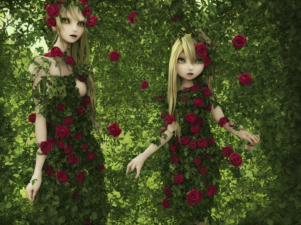 Image similar to cute fumo plush girl wrapped in vines in the middle of a lush rose garden, glowing gothic wraith plantgirl, tattered green dress, vray