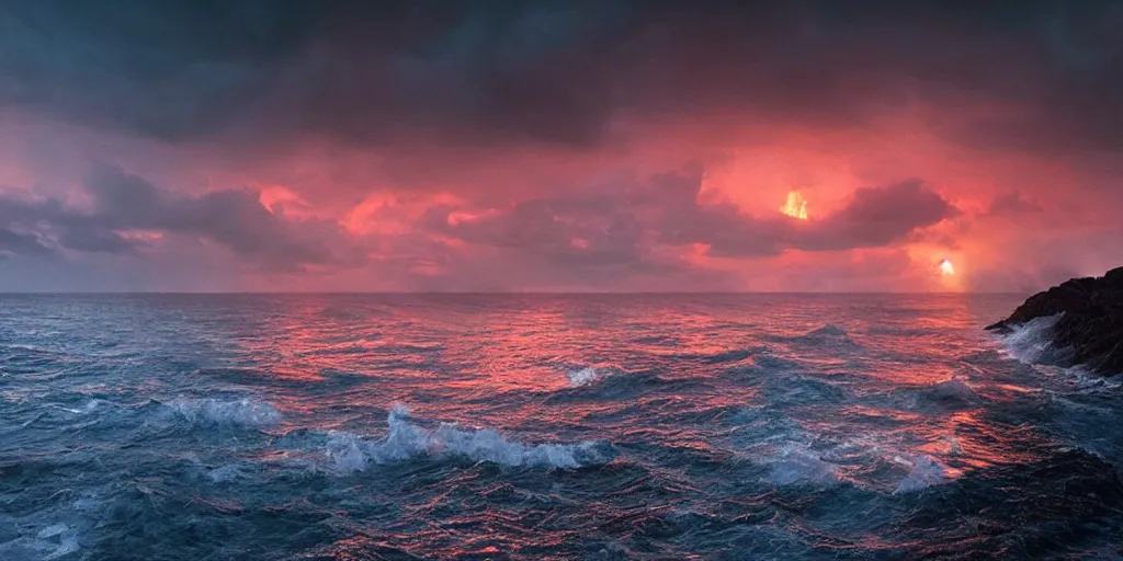 Image similar to beautifully hellish seascape photography by carr clifton, by galen rowell # film kodak ektar 8 k resolution ; night on a fantasy world, concept art by daniel lieske, by dan witz 8 k 3 d 1 6 k,