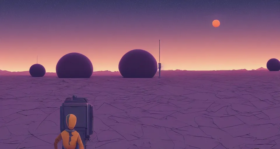 Image similar to Sci-fi landscape of a desert with two suns suns, orange and purple colors, cinematic, rendered by simon stålenhag, rendered by Beeple, Makoto Shinkai, syd meade, environment concept, digital art, unreal engine, 3 point perspective, WLOP, trending on artstation, low level, 4K UHD image, octane render,