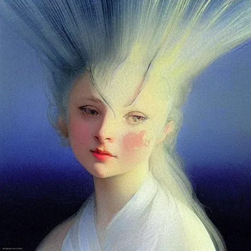 Image similar to young woman's face, her hair is white and she wears a cobalt blue duchesse satin cloak, by ivan aivazovsky and syd mead and moebius and roger dean and aelbert cuyp and willem claesz and pieter claesz and paul delaroche and alma tadema, hyperrealistic, volumetric light, octane