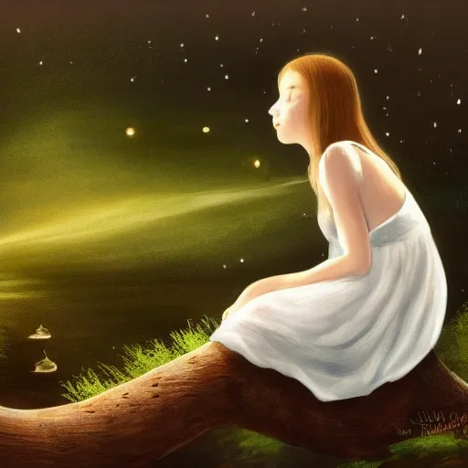 Prompt: a girl in a white dress looks up at the moon while sitting on the roots of an ancient tree next to a pond, the moon can be glimpsed, a towering forest surrounds the pond, dark fantasy, night time, realistic painting, ultra detailed