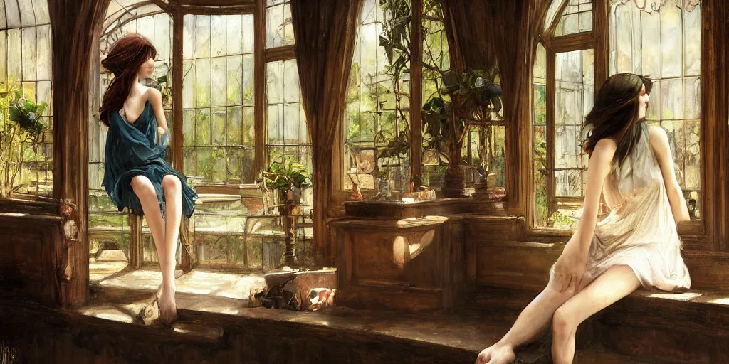 Prompt: ! dream artgerm, john william waterhouse style, long shot of bright sun with one beautiful girl sitting in a corner of an art nouveau style conservatory, atmospheric, highly detailed, 1 9 2 0's style speakeasy, digital painting, artstation, concept art, smooth, sharp focus, illustration,