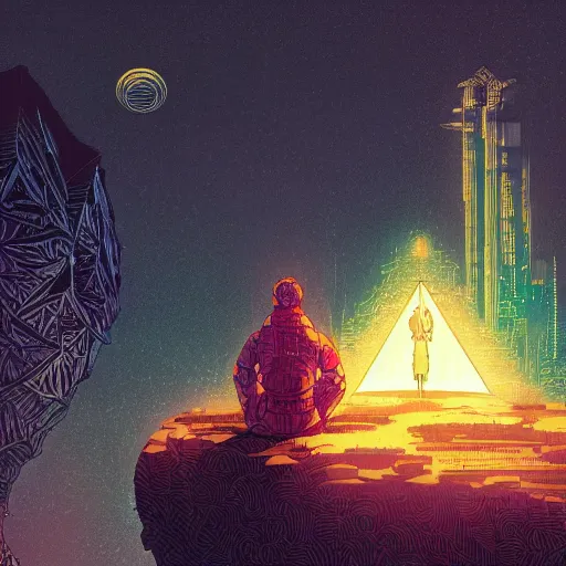 Image similar to Stunningly intricate illustration of a cyberpunk explorer meditating next to a floating triangular glowing monolith, highly detailed, midnight, by Victo Ngai and James Gilleard , Moebius, Laurie Greasley