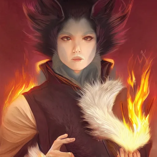 Image similar to male kitsune furry with dark fur, carries a tome, surrounded by floating fire orbs, shortsword, charismatic, young, dark clothing, elegant, digital illustration, detailed, intricate, sharp focus, digital painting, deep focus, digital painting, artstation, concept art, matte, art by artgerm and greg rutkowski and alphonse mucha