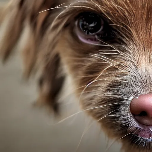 Image similar to closeup portrait of a small light brown furry dog with tongue licking its nose, cross eyed, tongue on nose, natural light, sharp, detailed face, magazine, press, photo, Steve McCurry, David Lazar, Canon, Nikon, focus