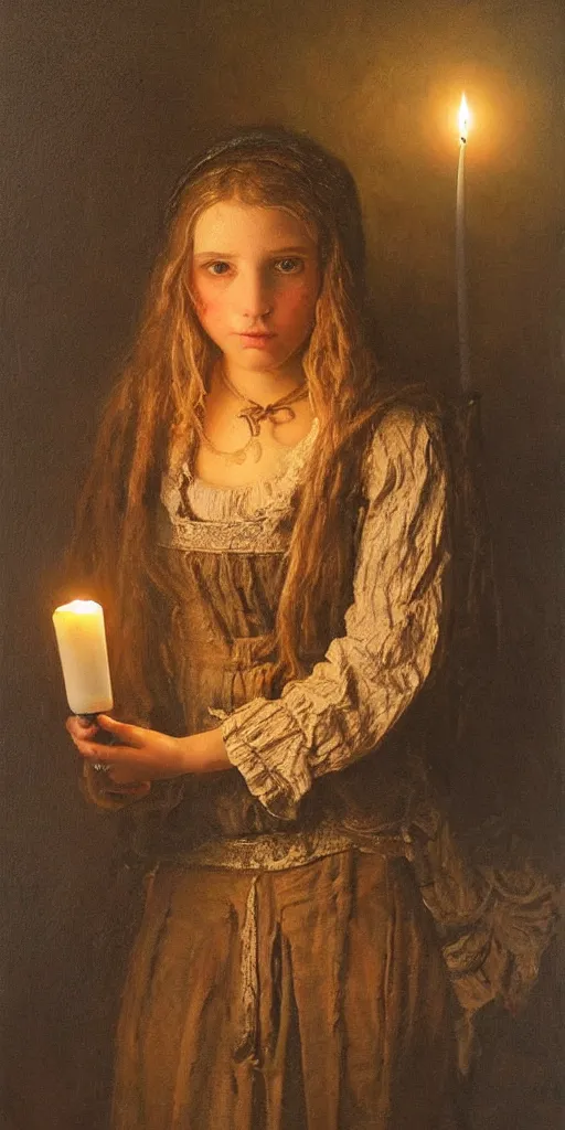 Image similar to Highly detailed and cinematic romantic period oil painting of a medieval peasant girl holding a candle, strong atmosphere, oil painting masterpiece by Josep Tapiró Baró, symmetry, fractals