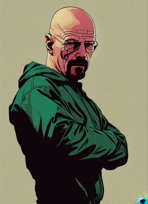 Prompt: poster artwork by Michael Whelan and Tomer Hanuka, of Walter White, from scene from Breaking Bad, clean
