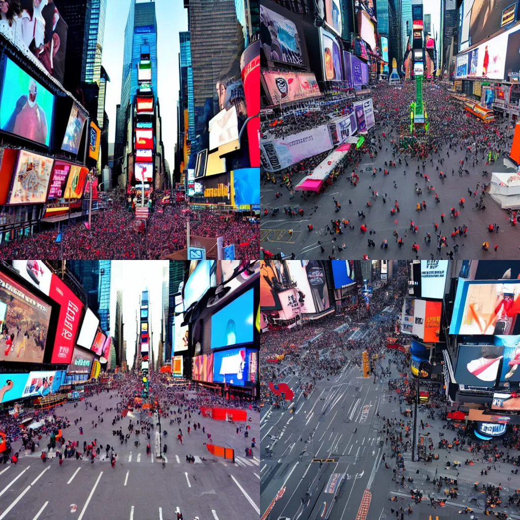 Prompt: Theres suddenly no gravity in Times Square, people are hovering and cannot go back to the ground. wide-angle shot. high resolution photograph.