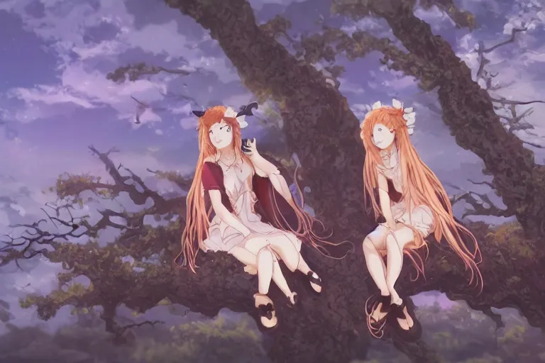 Prompt: two young witches watch the horizon, sitting on a branch tree anime style, japanese art, manga, highly detailed, magical, japan, digital painting, concept art, matte,