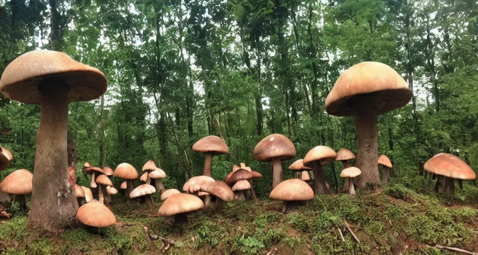 Image similar to A tribal village in a forest of giant mushrooms, by a 8 years old kid,