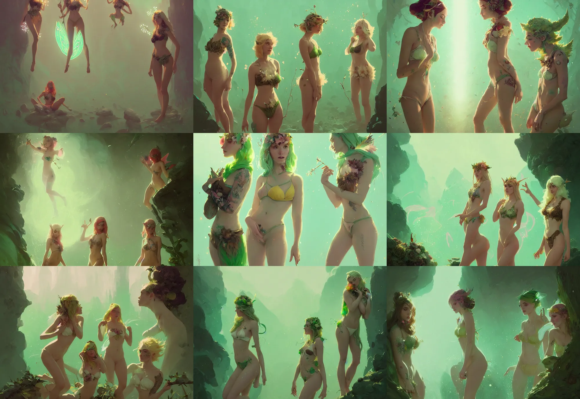 Prompt: portrait of two magical fairy women in flower bikinis, norse mythology tattoos, fantasy, by atey ghailan, by greg rutkowski, by greg tocchini, by james gilleard, by joe gb fenton, dynamic lighting, gradient light green, brown, blonde cream and white color in scheme, grunge aesthetic