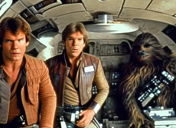 Image similar to screenshot of Han Solo on the millenium falcon talking to a hologram of Luke Skywalker iconic scene from the 1970s sci fi thriller directed by Stanely Kubrick film, color kodak, ektochrome, anamorphic lenses, detailed faces, moody cinematography