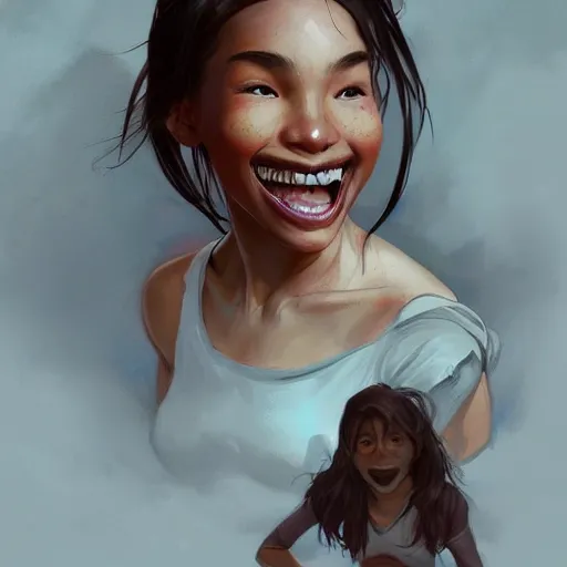 Prompt: demonic evil cute fourteen year old brown skinned asian girl, tomboy, evil smile, freckles!!!, fully clothed, highly detailed, digital painting, artstation, concept art, sharp focus, illustration, cinematic lighting, art by artgerm and greg rutkowski and alphonse mucha,