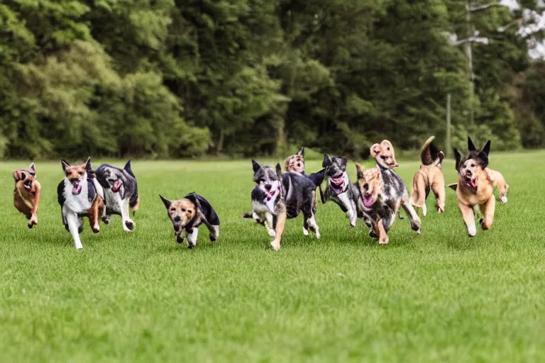 Image similar to a field full of dogs that are running in one direction