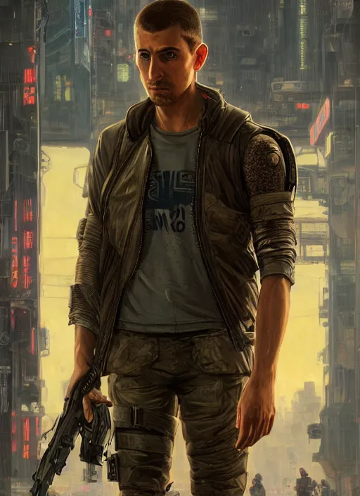 Prompt: 🧘♀. cyberpunk mercenary in a military vest ( blade runner 2 0 4 9, cyberpunk 2 0 7 7 ). orientalist portrait by john william waterhouse and james gurney and theodore ralli and nasreddine dinet, oil on canvas. cinematic, hyper realism, realistic proportions, dramatic lighting, high detail 4 k