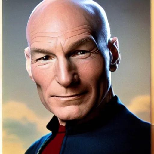 Image similar to captain picard with full head of wavy hair, hair stylist photo