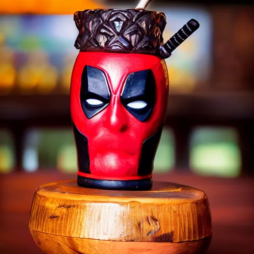 Prompt: a closeup photorealistic photograph of a deadpool style tiki mug sitting at a trader vic's bar featuring the face of deadpool. tiki culture. bright scene. fine detail. this 4 k hd image is trending on artstation, featured on behance, well - rendered, extra crisp, features intricate detail, epic composition and the style of unreal engine.