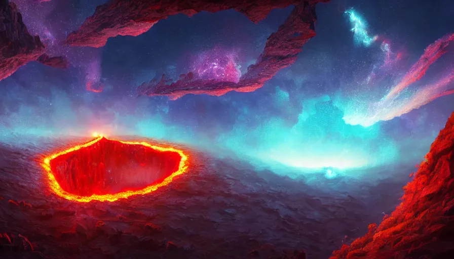 Image similar to A highly detailed digital art painting of a volcanic crystalline chasm at night, filled with glowing lava, shimmering starry nebula sky by Studio Ghibli, Makoto Shinkai, by Artgerm, by beeple, volumetric lighting, octane render, 4K resolution, trending on artstation, masterpiece, vivid colours