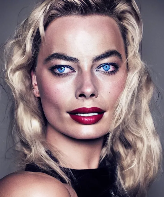 Image similar to a color photograph of margot robbie, by thomas ruff, platinum blond, intense, bold, exaggerated, ultra sharp, extra details, ultra high quality, trending on pinteresst