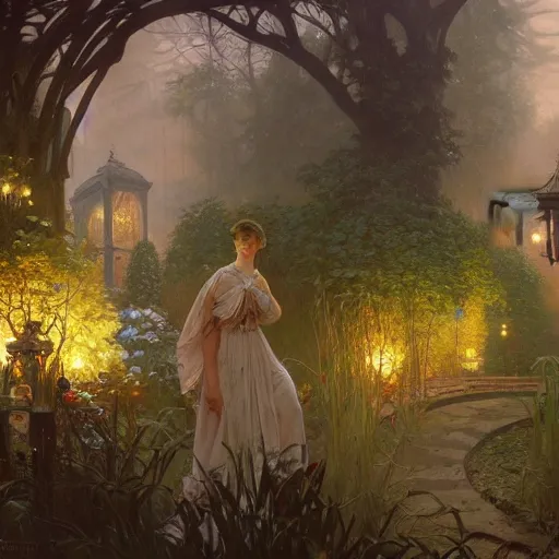 Image similar to Concept art, A garden at dusk, 8k, alphonse mucha, james gurney, greg rutkowski, john howe, artstation