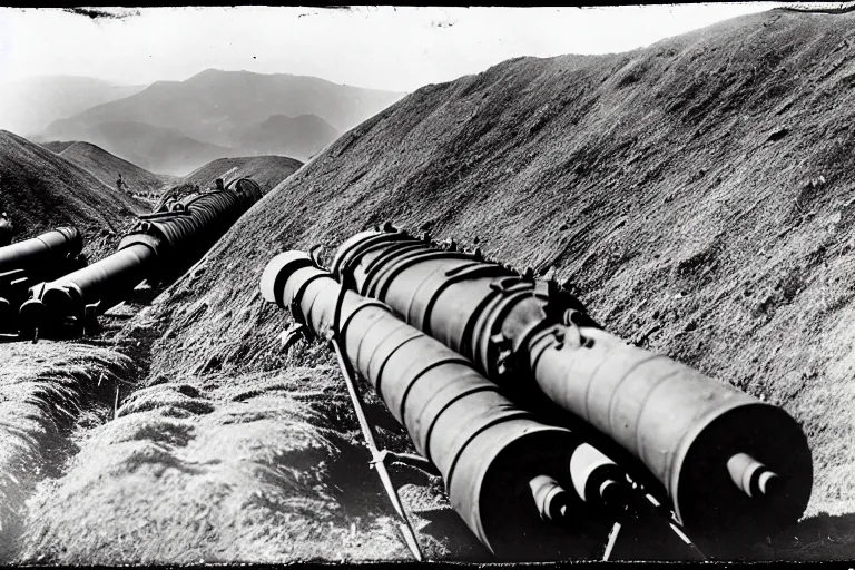 Image similar to 1 5 5 mm artillery in trenches with a beautiful background of hills and mountains, black and white photography, 1 9 2 5