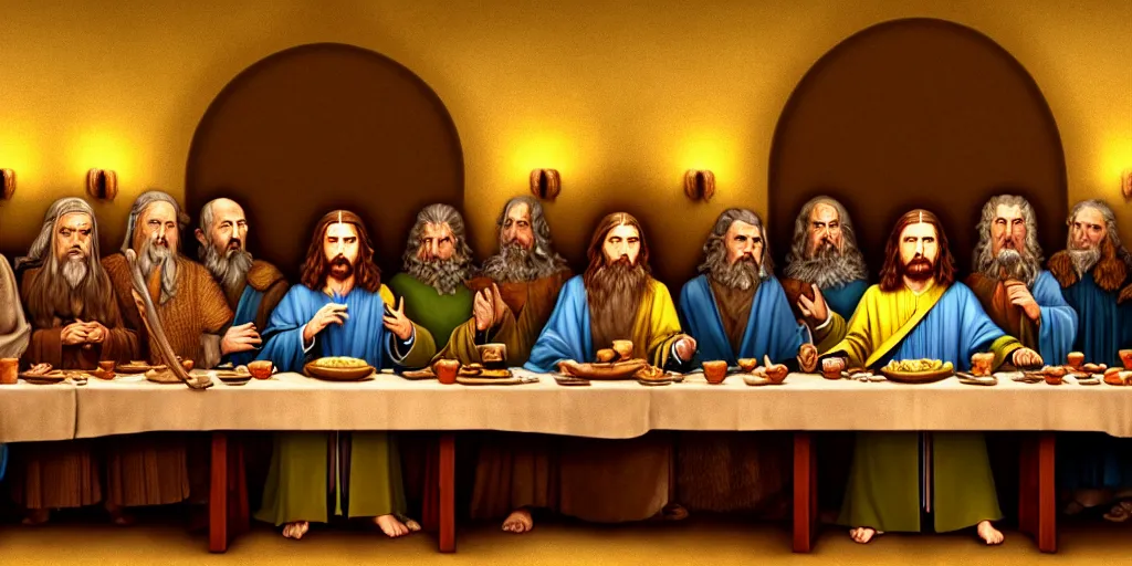 Image similar to lord of the rings last supper by wes anderson, digital painting, trending on artstation, sharp focus, 4 k