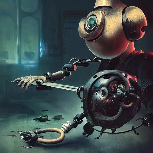 Prompt: “a rat homunculus sat inside the head of a robot and controlling it with levers and joysticks by ruan jia”