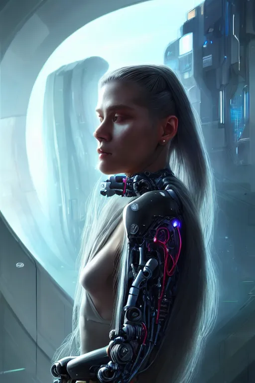 Image similar to a portrait of a beautiful 28th century super cool post-human female with long hair, barely human and largely biomechanical cyberpunk, hyper-realistic, very detailed unreal engine, by Artgerm, WLOP and Ross Thran, dramatic cinematic lighting rendered by octane, 8k, detailed, trending on artstation, deviantart google images, pinterest