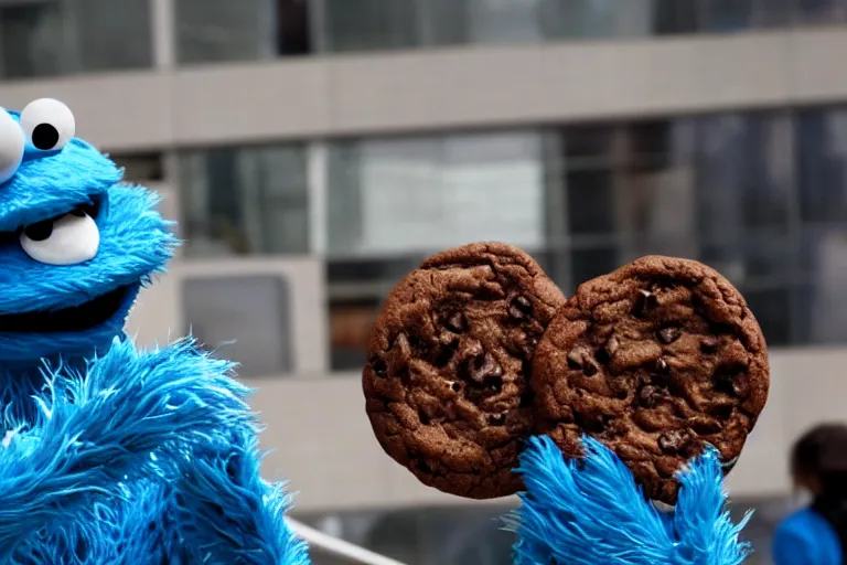 Prompt: Cookie Monster gives a talk at the UN