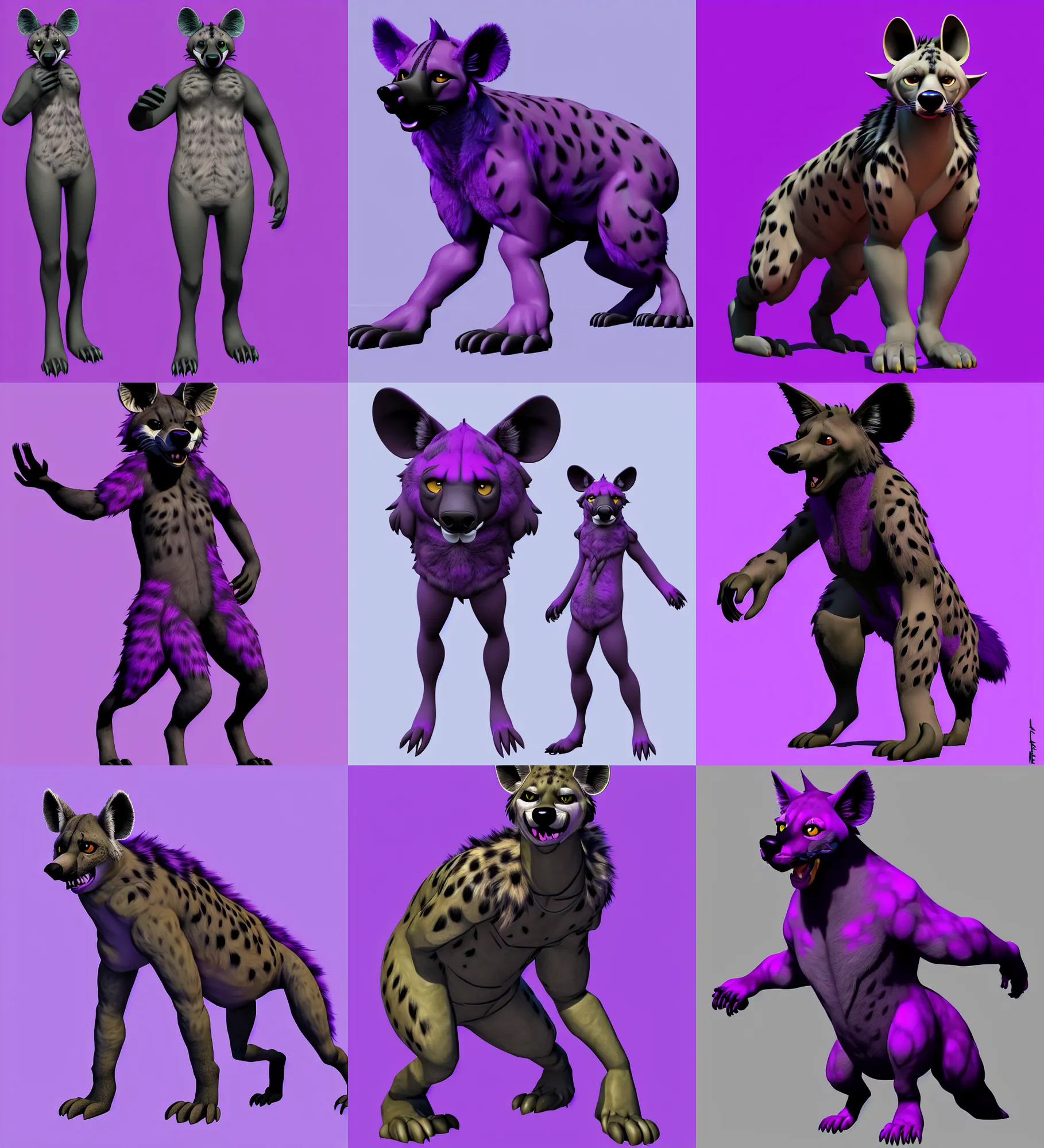 Image similar to a full - body centered front - perspective furry male fursona portrait, a male hyena fursona, purple and black fur color scheme, trending on weasyl, painted in zbrush, high - resolution, photorealistic