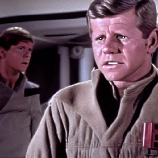 Image similar to a still frame from the movie star wars a new hope, starring jfk