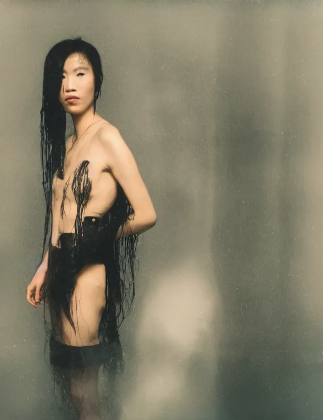 Image similar to polaroid photo with flash, portrait of a asian woman with glossy wet skin and wet hair in style of matrix, vinyl clothes on, dressed, bleached strong lights, kodak film stock, hyper real, stunning moody cinematography, with anamorphic lenses, by maripol, detailed