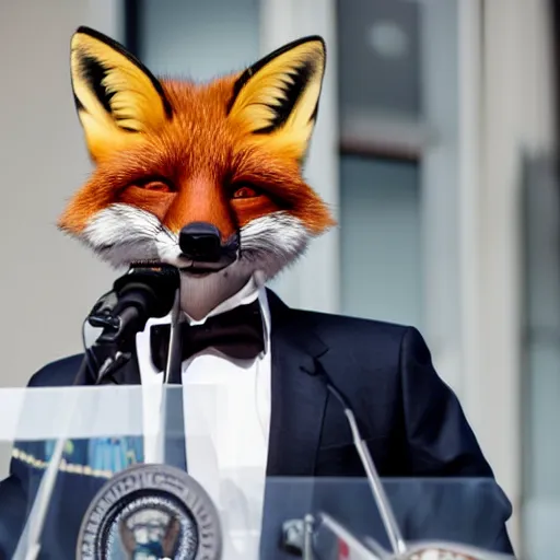 Image similar to a fox animal dressed in a suit giving a presidential speech, 8 5 mm f / 1. 4