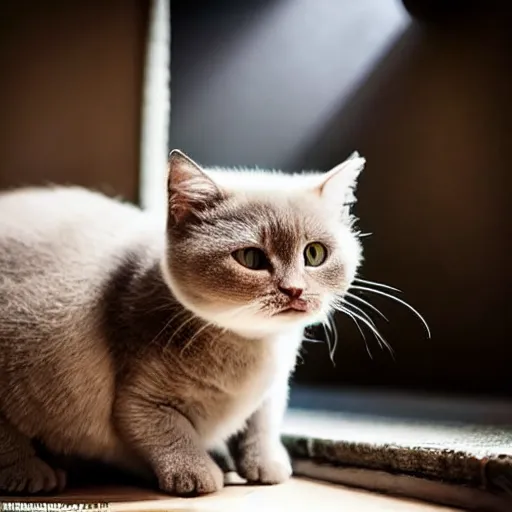 Image similar to cute munchkin cat with tiny legs big head stunning eyes, cinematic lighting, beautiful composition in the style of the island of dr moreau