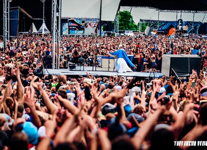 Image similar to photo still of mother teresa on stage at vans warped tour!!!!!!!! at age 4 8 years old 4 8 years of age!!!!!!! throwing roseries to the crowd, 8 k, 8 5 mm f 1. 8, studio lighting, rim light, right side key light