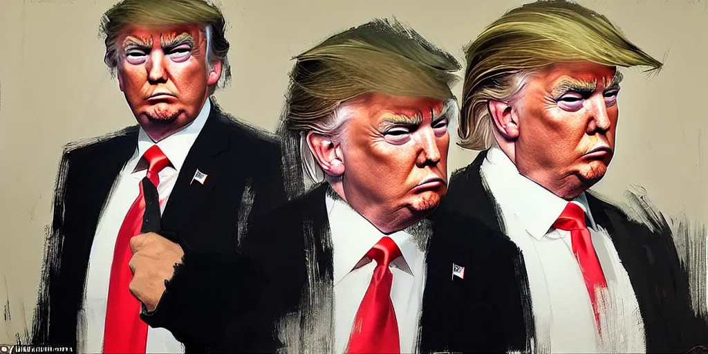 Prompt: character art by ruan jia, young donald trump paints a portrait of himself older at mar - a - lago