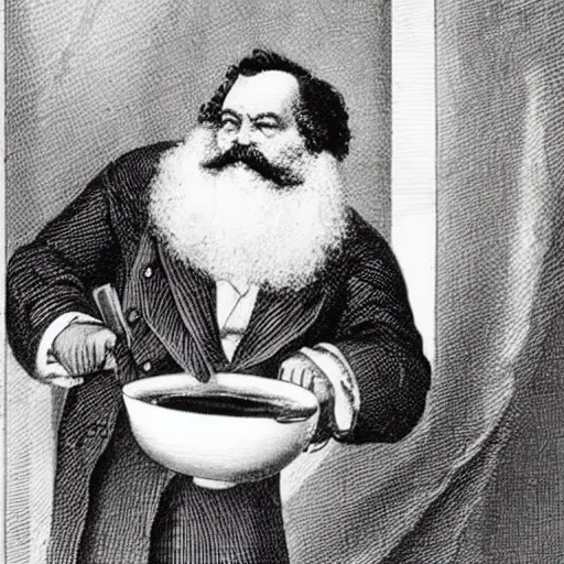 Image similar to karl marx making a cup of coffee. a bird sits on the window ledge screaming at him to hurry up