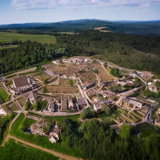 Image similar to Aerial establishing shot of a medieval village surrounded by circular wood palisade